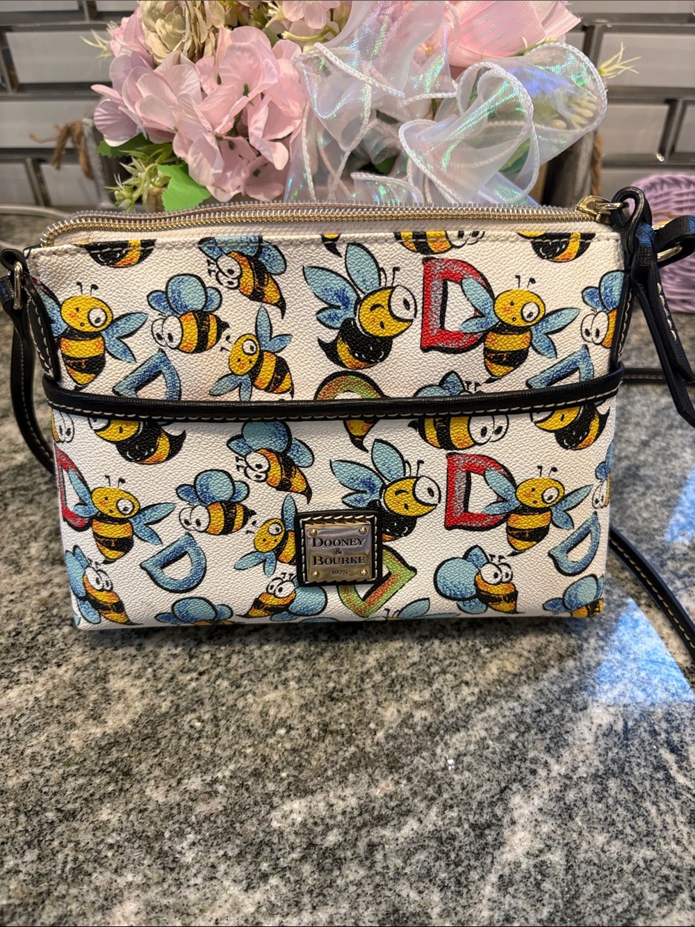 Dooney & Bourke White Crossbody Bag with Yellow Bee Print